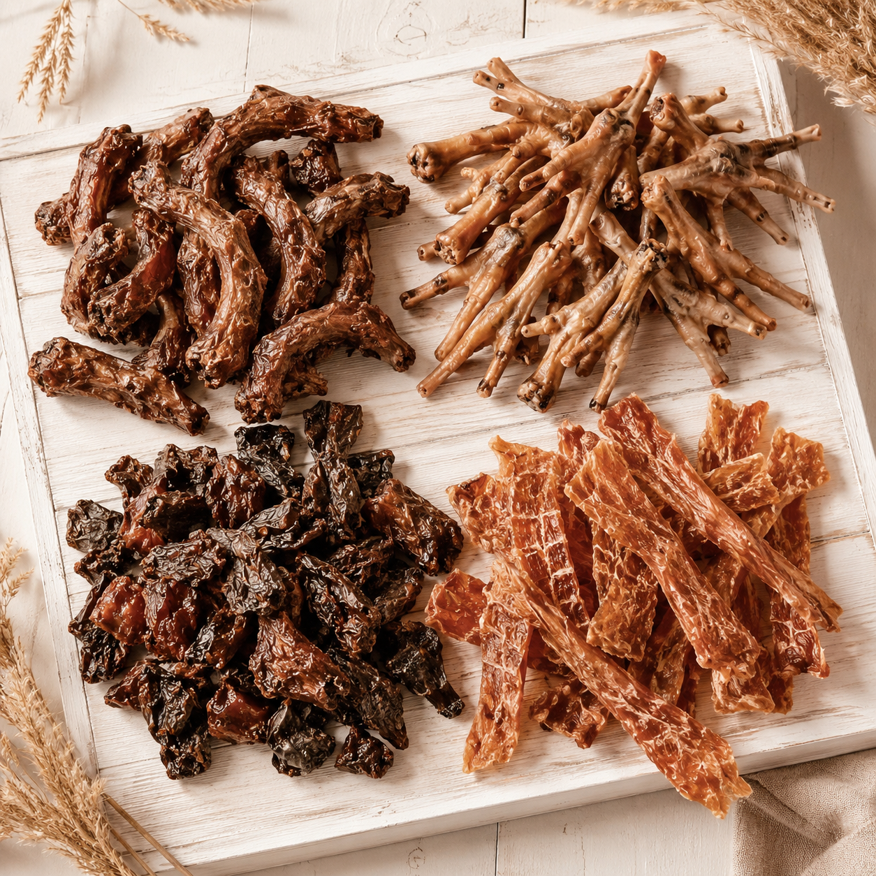 PupChew Variety Box assortment with dehydrated chicken feet, chicken necks, chicken jerky, and chicken organ treats