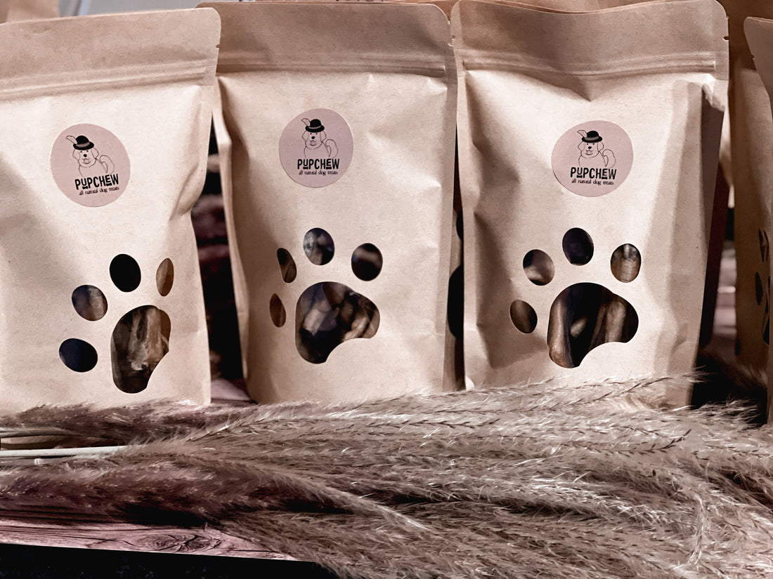 Sealed PupChew dehydrated dog treat package stored in a cool dry location