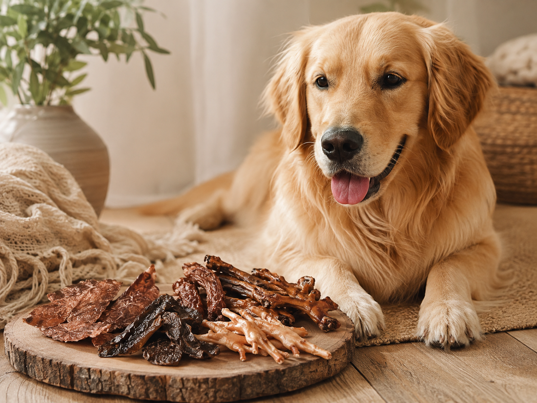 Golden retriever with an assortment of dehydrated dog treats for a PupChew feeding guide