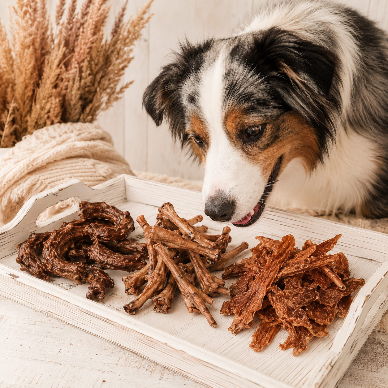Dog exploring PupChew dehydrated chicken feet, necks, and jerky