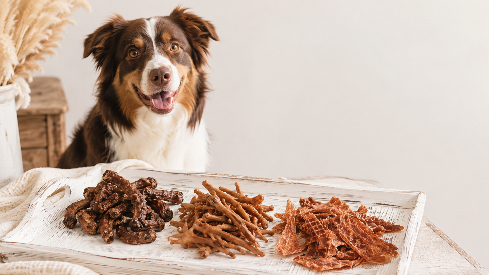 Happy dog beside an assortment of PupChew dehydrated chicken treats