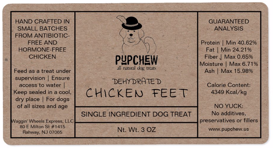 PupChew Dehydrated Chicken Feet 3 oz product label with guaranteed analysis and feeding information