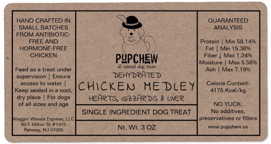PupChew Dehydrated Chicken Organ Medley 3 oz product label with guaranteed analysis and ingredients