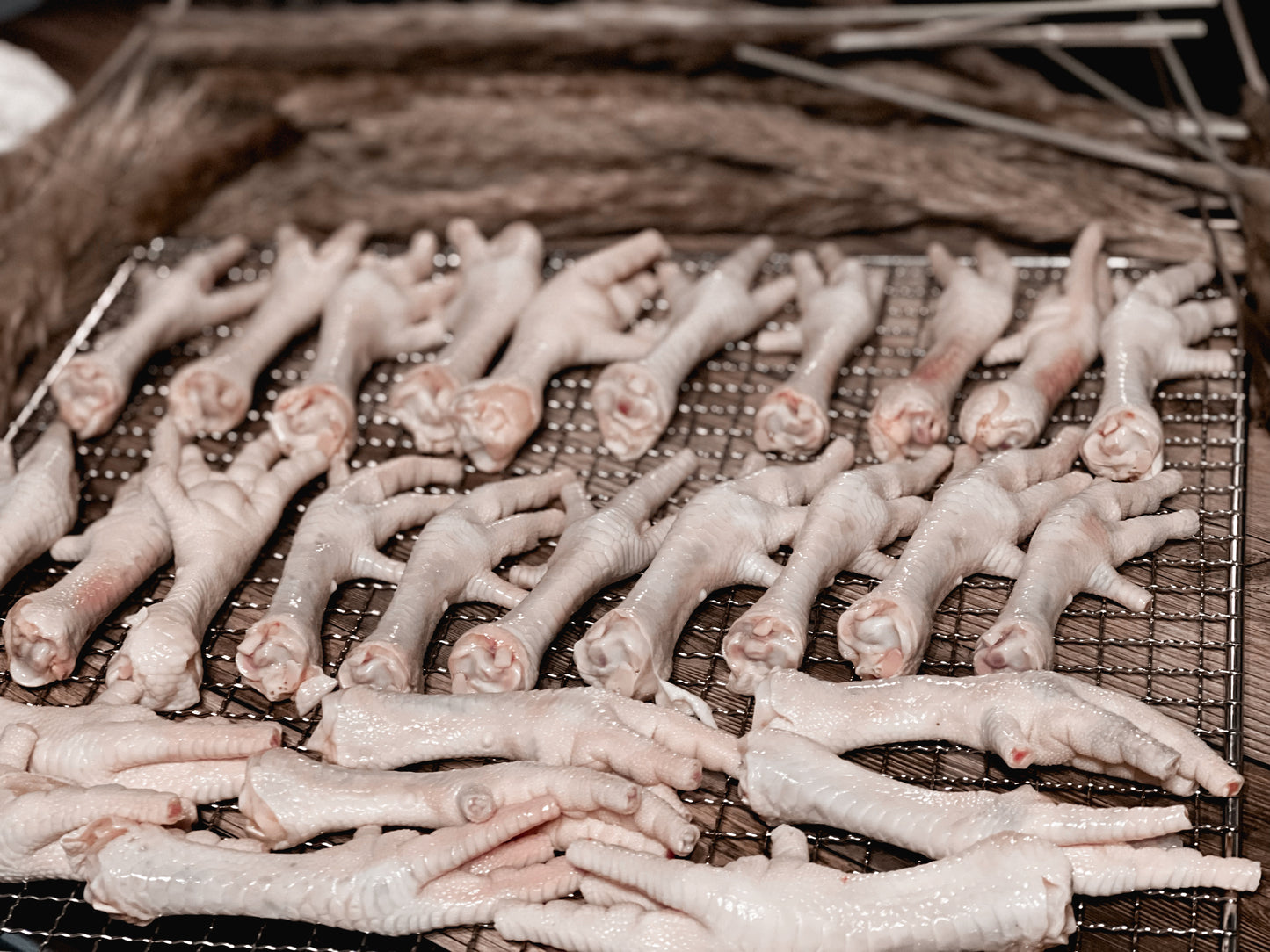 Raw chicken feet arranged on a mesh dehydrator rack