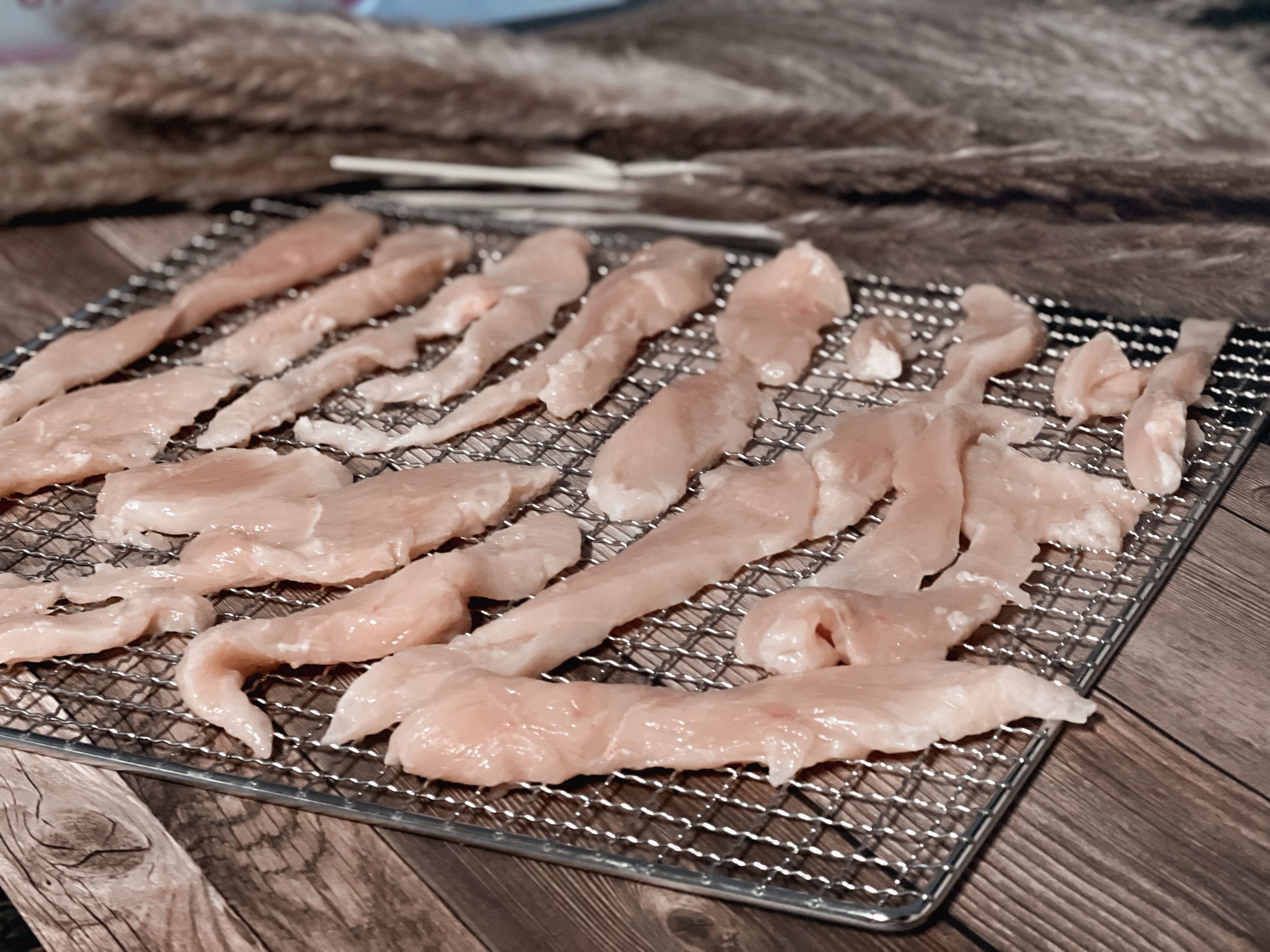 Raw chicken breast strips arranged on a mesh dehydrator rack